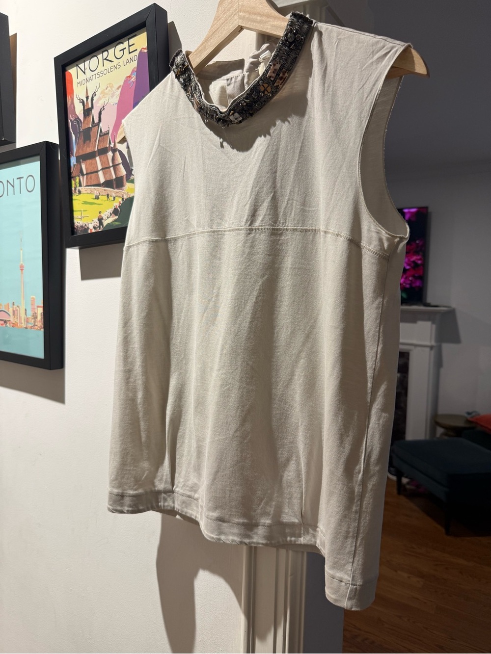 Max Mara Sleeveless Cream Cotton Jersey Tank Top with Embellished Neckline